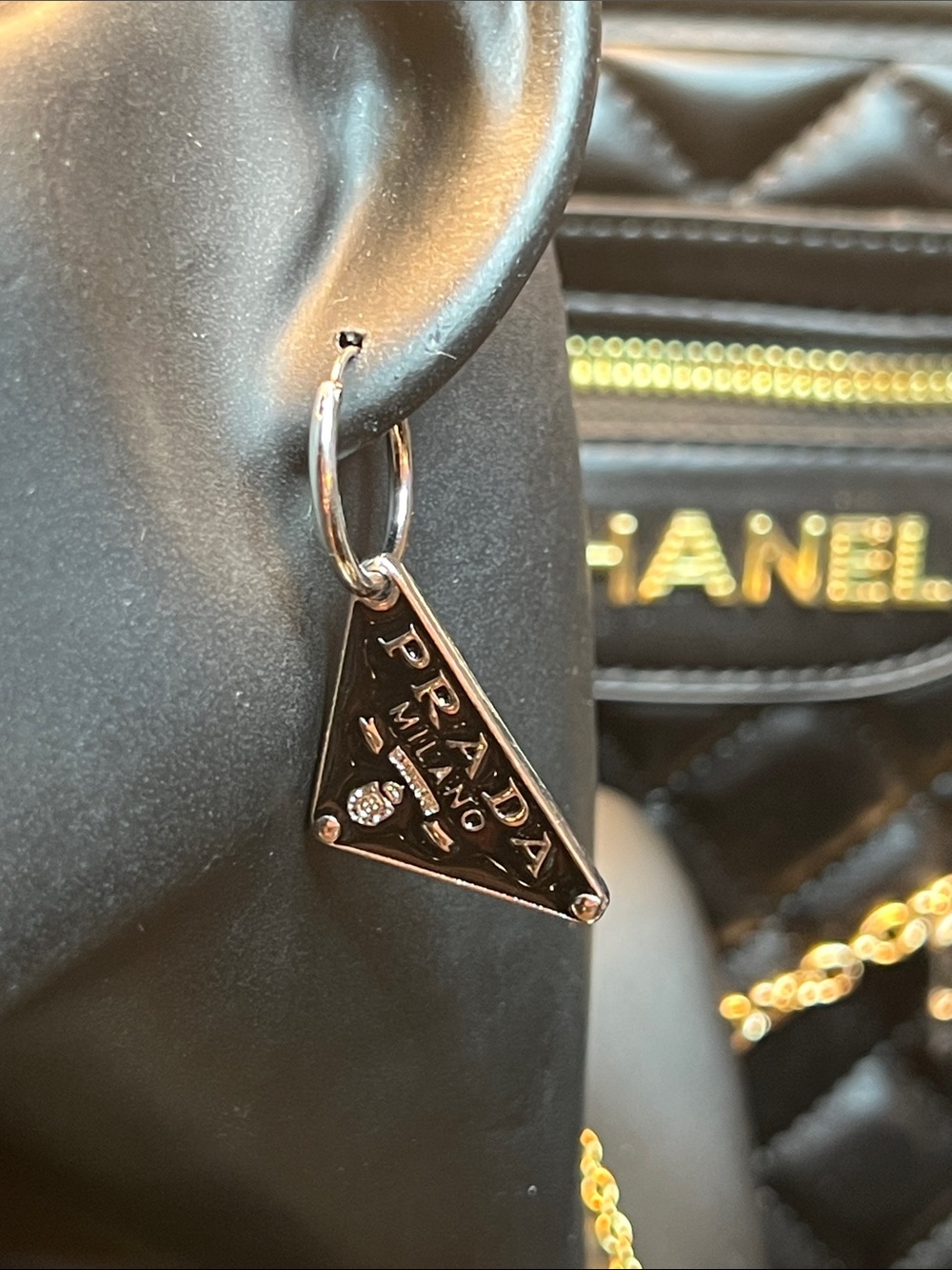 Silver Triangle Logo Hoop Earrings - Picture 3 of 9